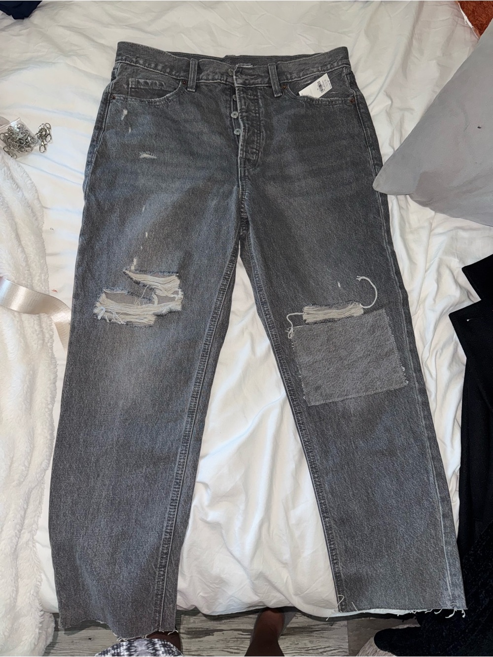 Distressed Gray Straight-Leg Jeans (NWT)